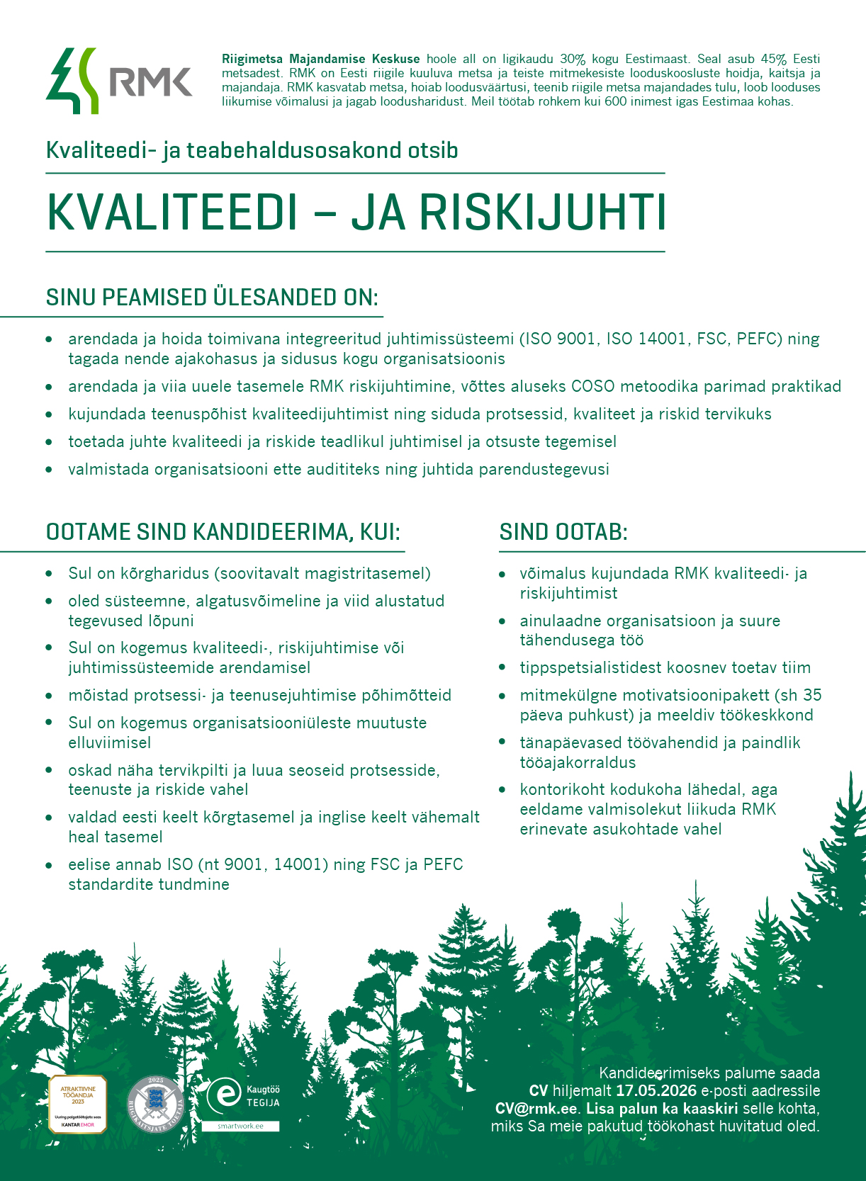 Kvaliteedi- ja riskijuht, Riigimetsa Majandamise Keskus | CV.ee