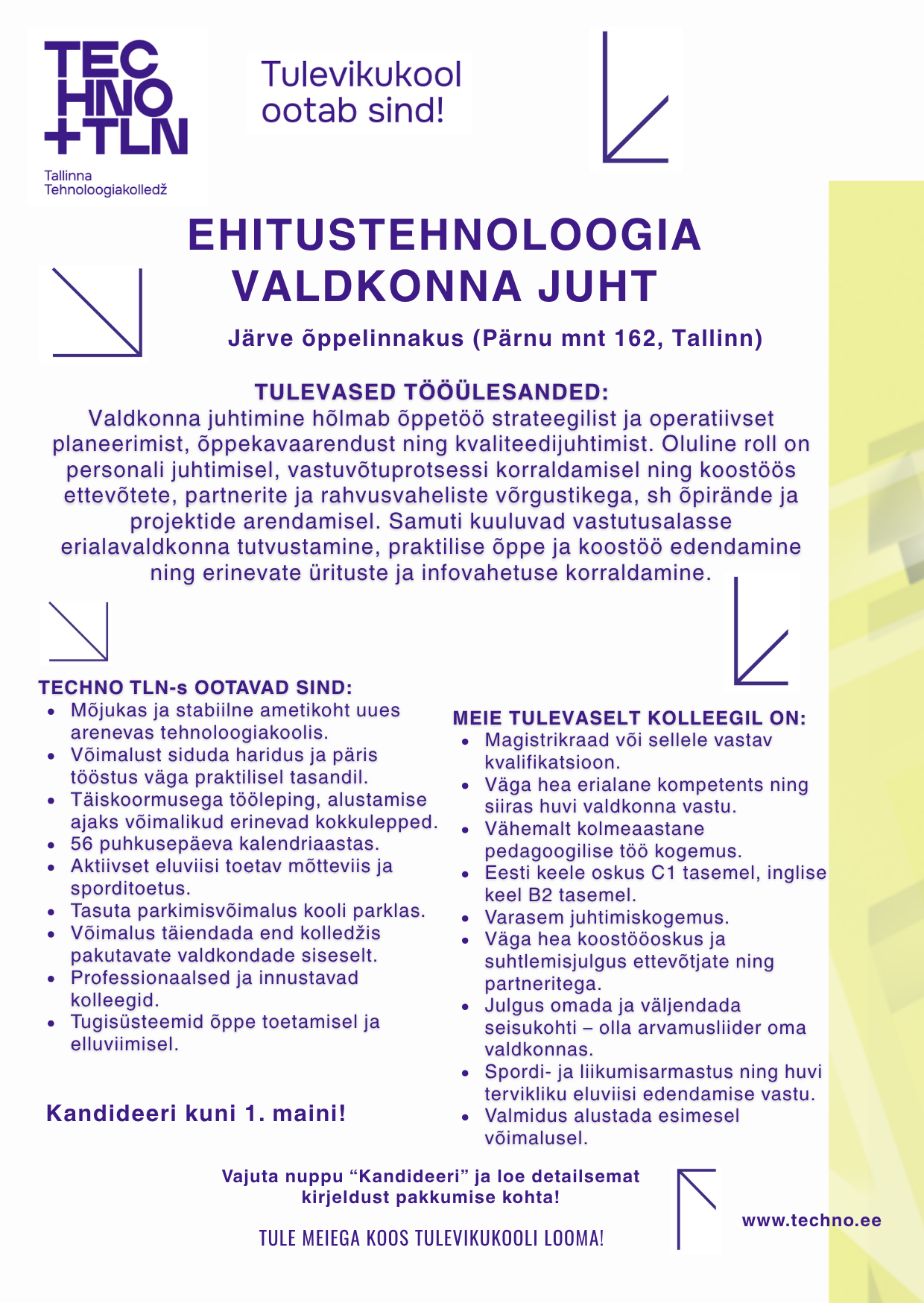 Ehitustehnoloogia valdkonna juht, Tallinna Tehnoloogiakolledž | CV.ee