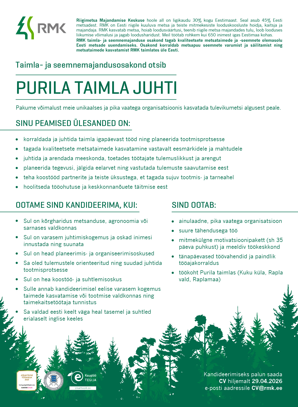 Purila taimla juht, Riigimetsa Majandamise Keskus | CV.ee